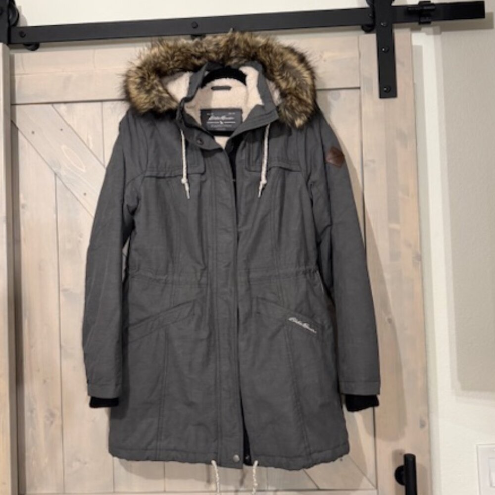 Eddie Bauer Classic Ladder Creek High Pile Womens Gray Parka Faux Fur Hood EUC